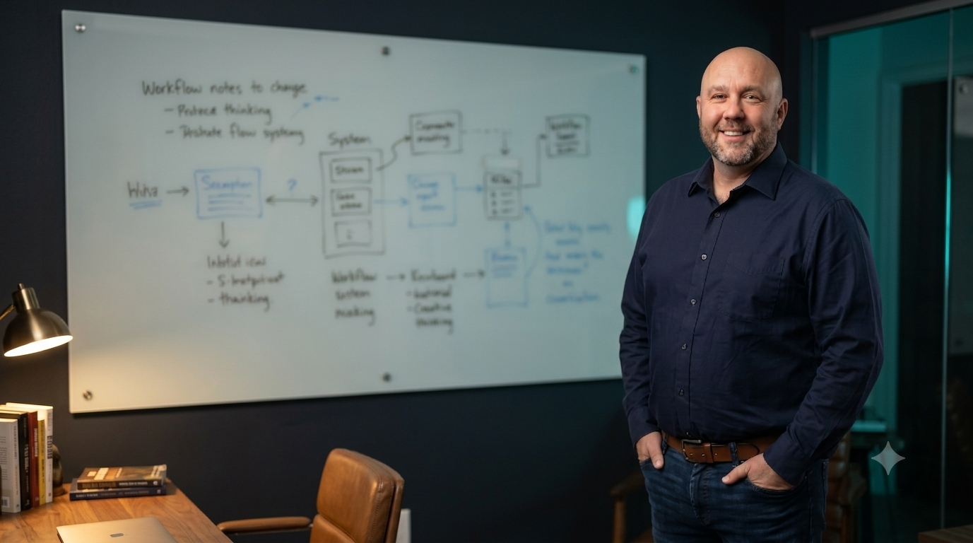 Brad Trnavsky in his office with a workflow diagram on a glass whiteboard