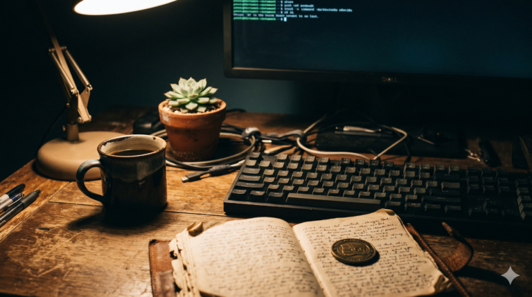 Weathered wooden desk with open notebook, challenge coin, mechanical keyboard, coffee mug and terminal screen showing Brad Trnavsky's personal AI workspace